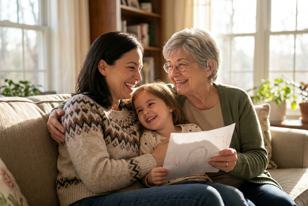 La même patiente EarConnect partage un moment chaleureux avec sa fille et sa petite-fille